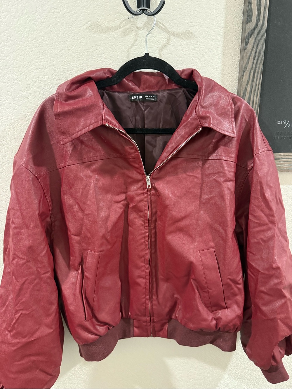 SHEIN Burgundy Faux Leather Bomber Jacket